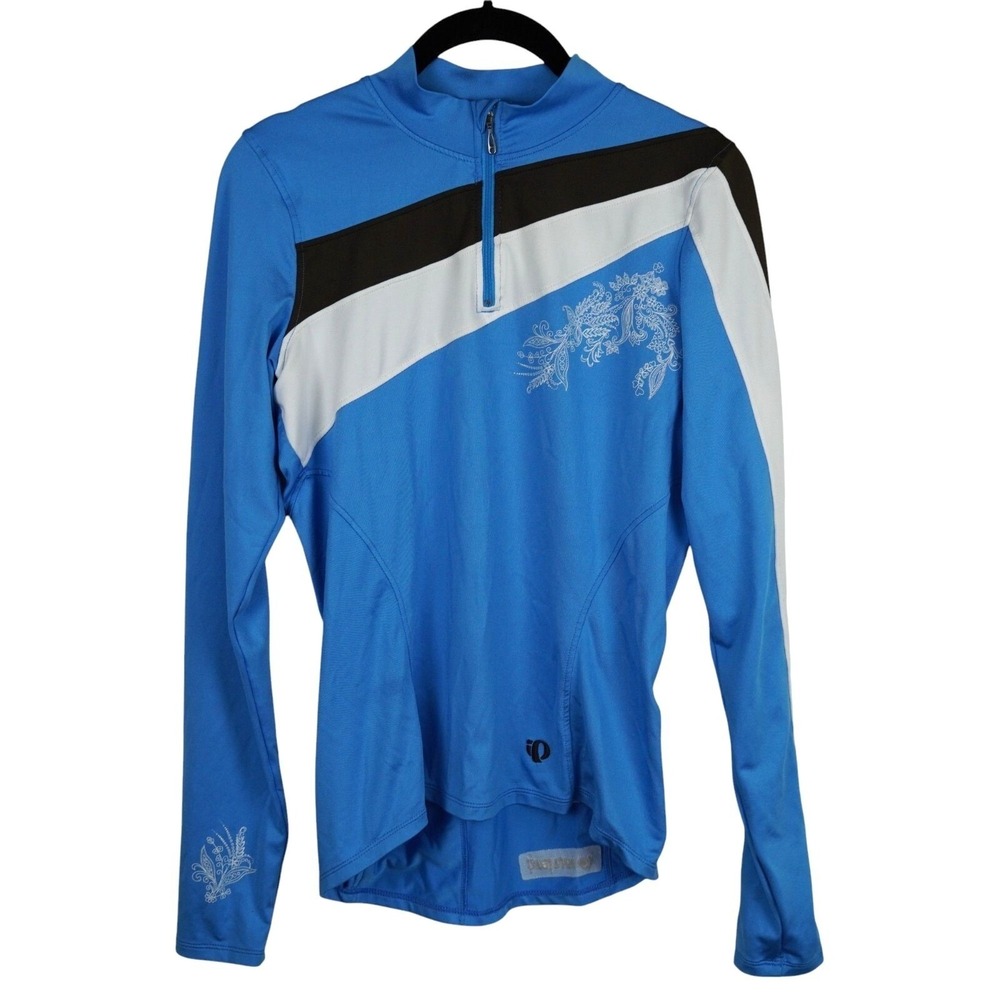 Pearl Izumi Cycling Jersey Women Medium Blue Zip‎ Floral Athletic Long Sleeve